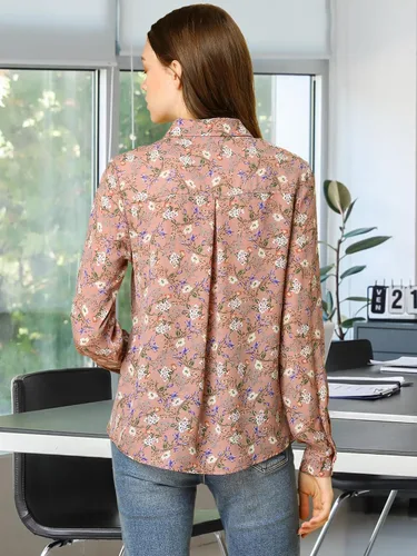 Vista 5 de Allegra K Camisa de manga larga con botones para mujer, blusa floral con cuello en punto