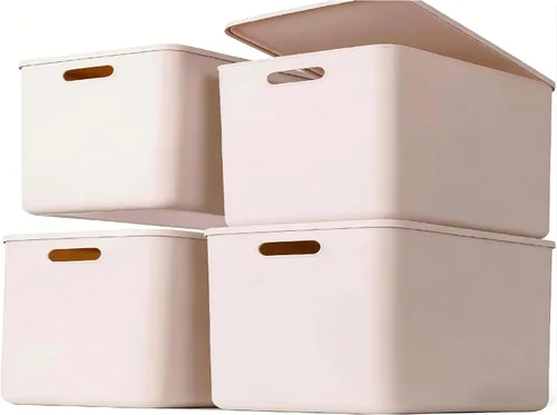 Vista 12 de Cestas de almacenamiento de plástico de 4 piezas con tapas, contenedores organizadores apilables de 11.8 x 8 x 10 pulgadas con asas, contenedores