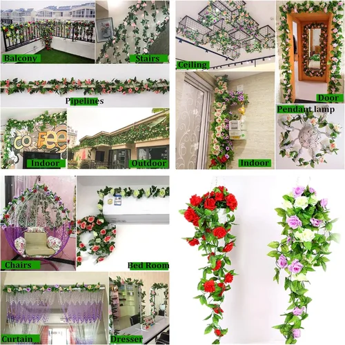 Vista 5 de Zhiheng Paquete de 4 vides de rosas artificiales de 7.8 pies con hojas verdes, flores falsas, plantas colgantes de jardín, guirnalda de vid