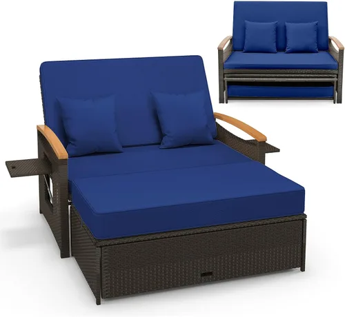Vista 15 de LDAILY Moccha - Sofá de mimbre para exteriores, sofá biplaza de ratán para patio con respaldo ajustable de 4 niveles, paneles plegables, otomana
