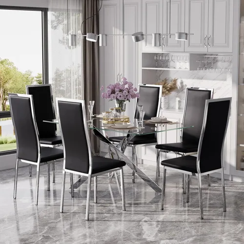 Vista 55 de Juego de mesa de comedor de cristal dorado moderno de 63 pulgadas para 6, juego de mesa de cocina rectangular de 7 piezas con patas de acero Negro