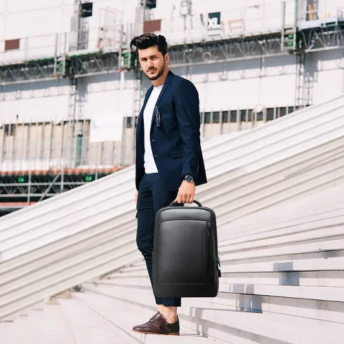 Vista 9 de BOPai Mochila de cuero genuino para hombre, mochila multifunción de 15.6 pulgadas, mochila para laptop de negocios, mochila inteligente de viaje