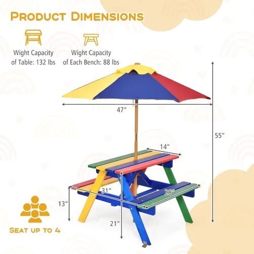 Vista 6 de Costzon Mesa de picnic para niños, mesa y sillas de madera de abeto para exteriores con paraguas extraíble, mesa de picnic para niños pequeños