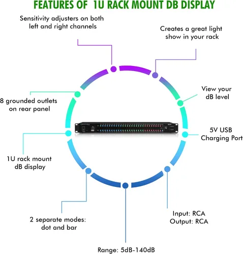 Vista 3 de Technical Pro Pantalla DB de montaje en rack de 1U con protector de sobretensiones de fuente de alimentación de 8 salidas con puertos de carga USB