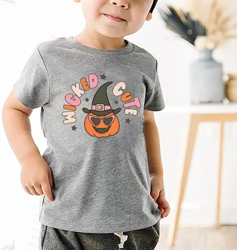 Vista 2 de Wicked - Lindas camisetas retro de Halloween para niños y niñas pequeñas con diseño de cara de calabaza, camiseta de manga corta para otoño