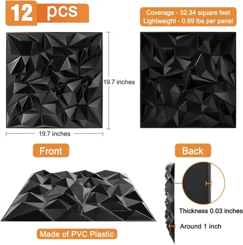 Vista 2 de TroyStudio Paneles difusores de sonido acústico, 19.7 x 19.7 x 1 pulgadas, 12 paneles de pared 3D de plástico de PVC negro, panel de difusión
