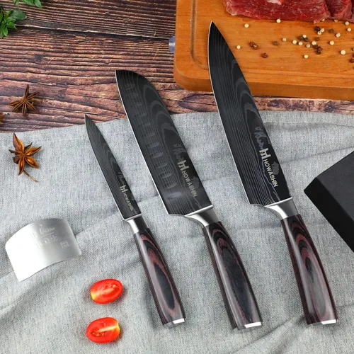 Vista 2 de Juego de cuchillos de cocina de acero inoxidable alemán, 3 piezas, cuchillo de chef de alto carbono, mango ergonómico de madera