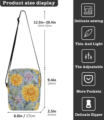 Vista 3 de Vintage Dahlia Flower Yellow Purple messenger bag cute green crossbody bags for women Casual Purse Lady Shoulder Handbags Adjustable Strap for