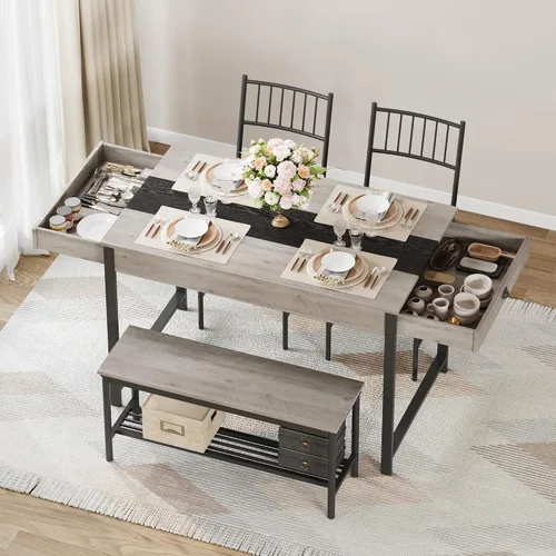 Vista 6 de IDEALHOUSE Juego de mesa de comedor para 4 personas, mesa de cocina pequeña y 2 sillas para 4 con banco, juego de mesa rectangular de granja de Gris