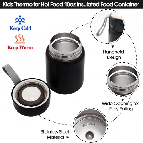 Vista 5 de Bolsa de almuerzo aislada para niños y niñas con termo de 10 onzas, con caja Bento de 6 compartimentos, lonchera de nailon negro preppy con correa