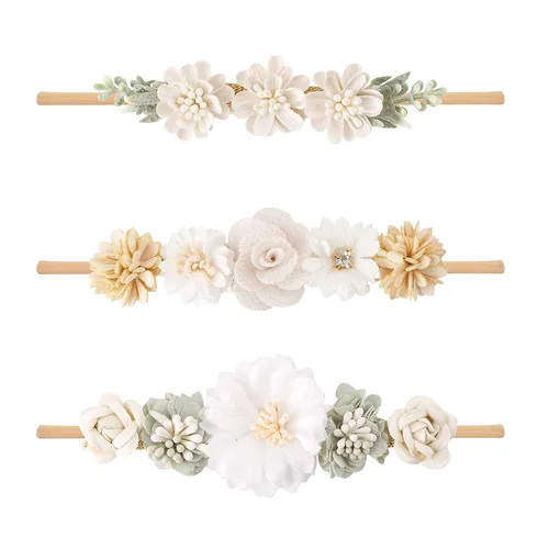 Vista 10 de Diadema floral de nailon para bebé, corona de flores, banda elástica para el cabello, 3 piezas, accesorios para el cabello, regalo para niñas, 2#