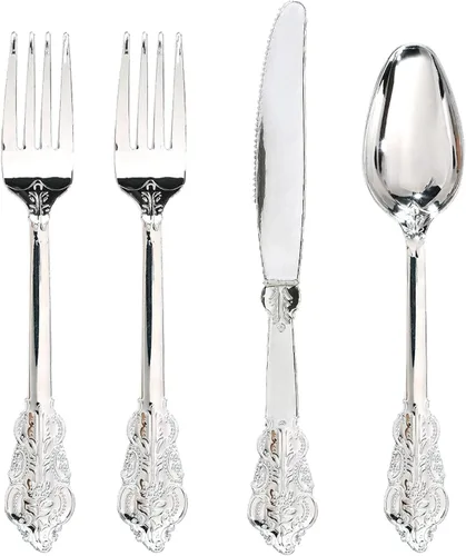 Vista 17 de WDF 180 cubiertos de plástico plateado – cubiertos de plástico plateado – cubiertos de plástico elegante resistente – 60 tenedores, 60 cuchillos, 60