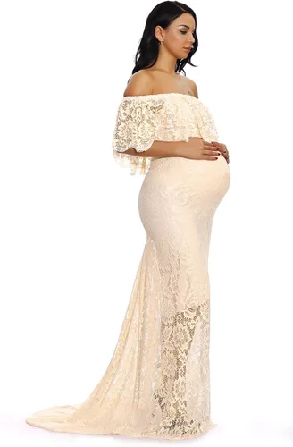 Vista 3 de ZIUMUDY Vestido de maternidad de encaje con volantes y hombros descubiertos para mujer, maxi vestido de fotografía para baby shower