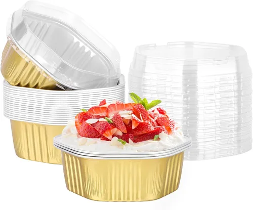 Vista 30 de Beasea Tazas desechables para hornear con tapas, juego de 50 unidades, 13.5 oz 400 ml, ramekins de aluminio con tapa de papel de aluminio, moldes