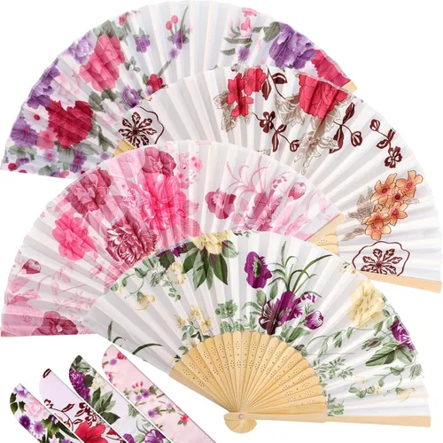 Vista 18 de Zonon 4 Pack de abanicos de mano florales plegables, abanicos de seda de bambú con borla para mujer, abanico de mano hueco plegable con funda