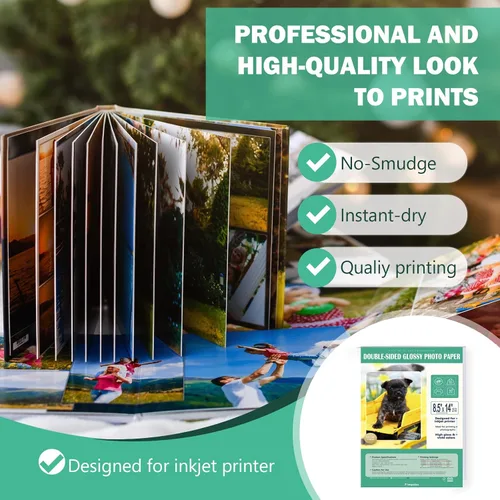 Vista 3 de Papel fotográfico brillante de doble cara, 8.5 x 14, tamaño legal para impresora de inyección de tinta, paquete de 50, 200 gsm/52 libras