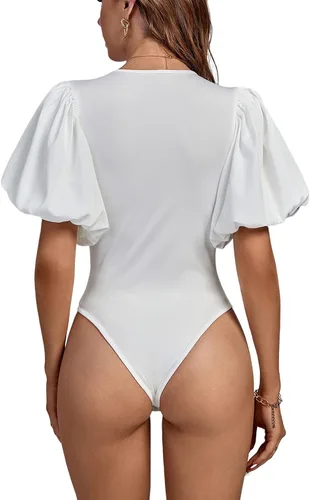 Vista 2 de LYANER Leotardo de manga corta abombada con cuello redondo para mujer