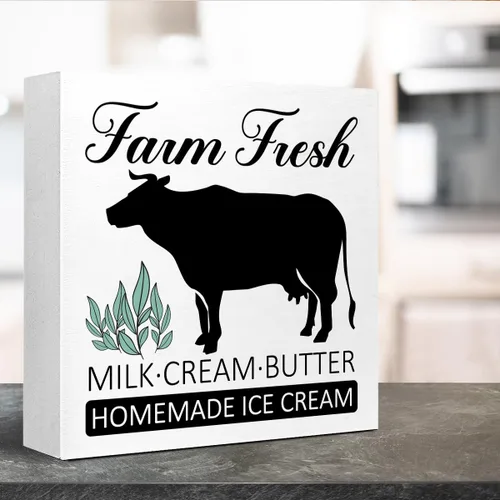 Vista 3 de LVQHI Letrero de madera artesanal con diseño de granja de crema de leche fresca y mantequilla, heladería casera, letrero de granja lechera