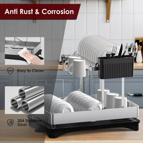 Vista 9 de Escurridor de platos, 2 niveles plegables de acero inoxidable para encimera de cocina, escurridor de platos grande multifuncional con boquilla