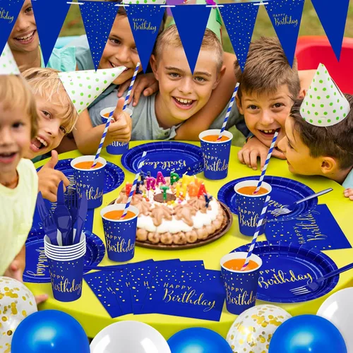 Vista 6 de DYLIVeS Paquete de 204 piezas de decoraciones de cumpleaños azules, puntos de aluminio azules y dorados, suministros de fiesta de feliz cumpleaños