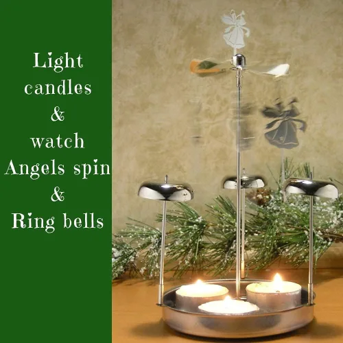 Vista 4 de Spinning Angels - Vela giratoria con campanillas – Diseño de estilo escandinavo sueco – Mide 8 pulgadas de alto