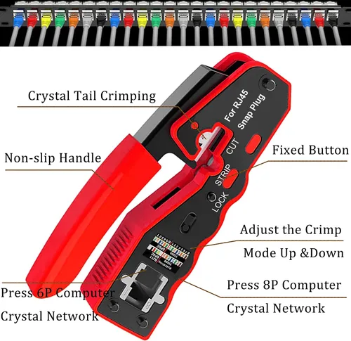 Vista 2 de LEATBUY - Herramienta de crimpado CAT5 CAT6, kit de herramienta de crimpado RJ45, 50 conectores LAN Ethernet de paso RJ45, 50 cubiertas, probador