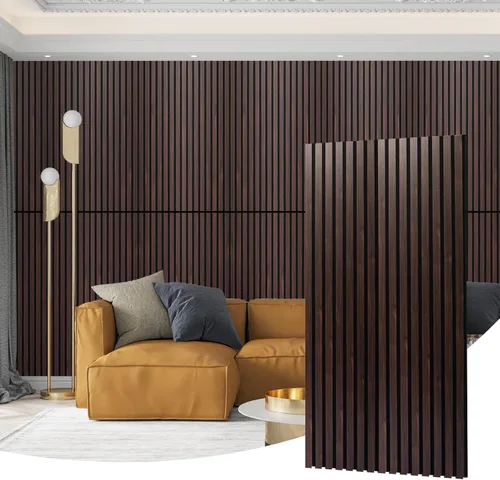 Vista 7 de AMZDEPOT Panel de pared de listones de madera, paquete de 4 paneles de madera para pared, paneles de pared insonorizados 3D, paneles acústicos