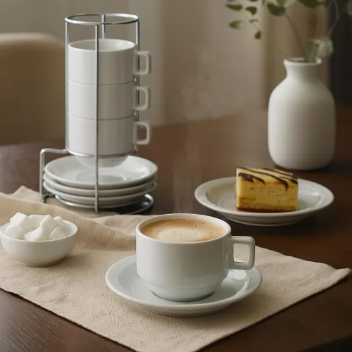 Vista 4 de HIC - Juego de té apilable de 9 piezas de café capuchino (porcelana), color blanco
