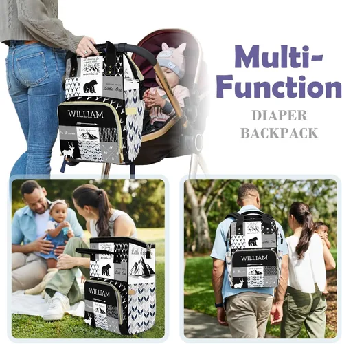 Vista 5 de Woodland Deer - Bolsa de pañales personalizada para bebés, niños y niñas con nombre, bolsa de lactancia personalizada para mamá y papá, Negro