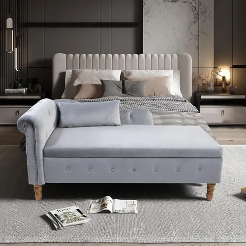 Vista 7 de Aoowow Banco de almacenamiento de terciopelo para dormitorio, extremo de la cama, sofá con brazo enrollado, tumbona para interiores con Gris 58