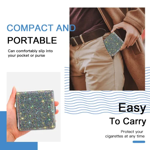 Vista 3 de SAVORI Estuche de cigarrillos para mujeres y hombres, soporte de cigarrillos de metal con cristales brillantes de doble cara, caja de cigarrillos AB
