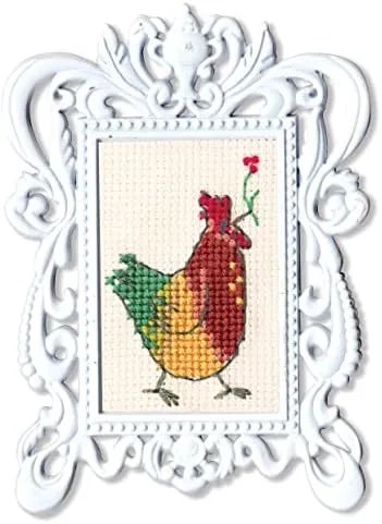 Vista 4 de Wizardi RTO Kit de punto de cruz en lienzo Aida con una gallina y una flor. Diseño encantador de 1.18 x 1.97 pulgadas FA007. Perfecto