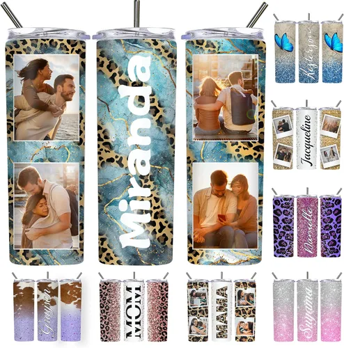 Vista 28 de Vaso delgado personalizado con purpurina con tapas y popotes, nombres, vasos de acero inoxidable personalizados con imagen para mujeres, hombres
