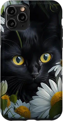 Vista 27 de iPhone 16 Black Cat with Daisies – Enchanting Floral Design Case