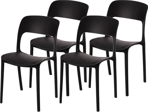 Vista 13 de Silla de comedor moderna de plástico para exteriores con respaldo curvado abierto, color negro