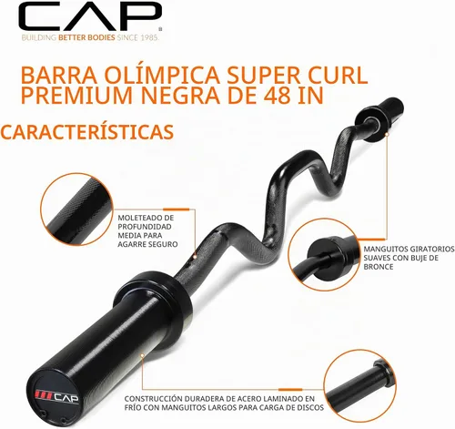 Vista 4 de CAP 48" Olympic Super Curl Bar Heavy Duty Solid Steel, 500 lb Capacity Negro