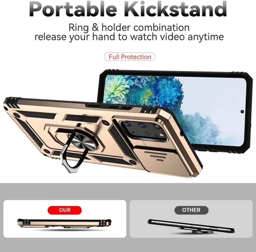 Vista 4 de Funda para Galaxy S20 Plus, Samsung S20+ SM-G985 con protector de pantalla de vidrio templado y cubierta de cámara deslizante, anillo magnético