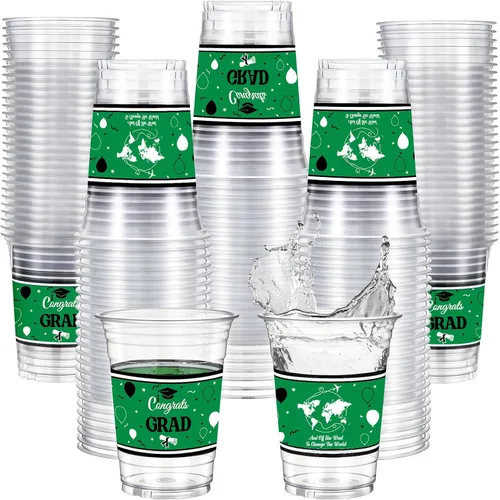 Vista 8 de Qinyoung 100 vasos de plástico con lazo rosa de 12 onzas, vasos desechables de coqueta, lazo rosa y corazón, vasos de plástico transparente
