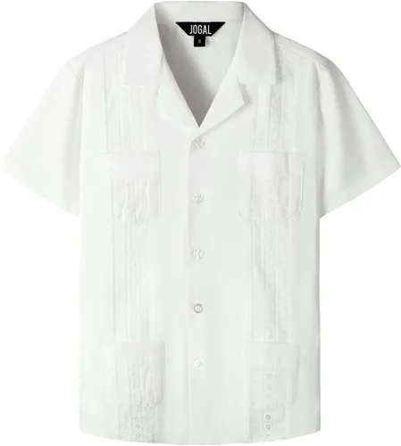 Vista 19 de JOGAL Camisas guayabera cubanas para niños de manga corta con botones, camisa casual de playa Verde militar
