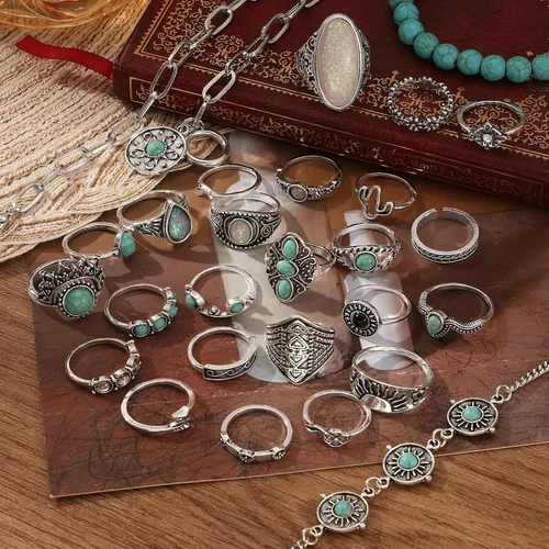 Vista 8 de IFKM Bohemian Jewelry Set With Turquoise Necklace, Dangle Earrings, Stackable Bangle Bracelets, Knuckle Rings For Women Vintage Western Boho