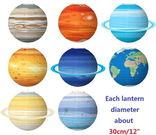 Vista 2 de 8 linternas de planetas de papel 3D de gran tamaño para decoración de fiesta de cumpleaños de niños con temática de astronautas, espacio exterior