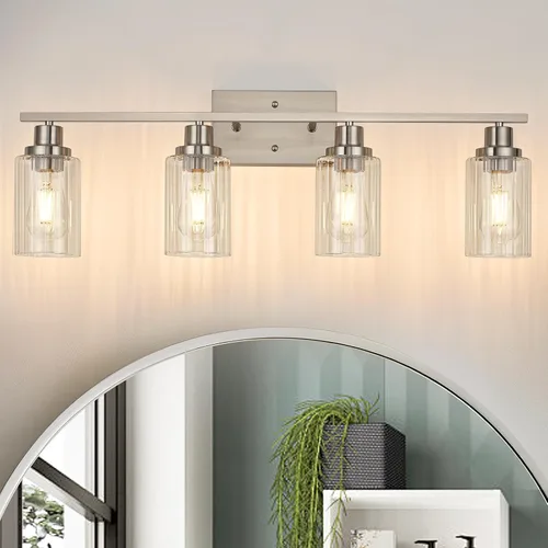 Vista 14 de Jonsi Accesorios de iluminación de baño dorados, 2 luces de tocador de oro cepillado con pantalla de vidrio estriada, luces modernas sobre espejo