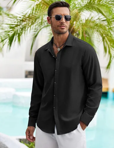 Vista 2 de COOFANDY Camisa casual de manga larga con botones para hombre, camisa de verano para playa, boda