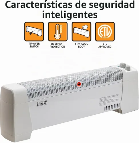 Vista 4 de EZ-HEAT Calentador de Espacio de Zócalo de 1,500 Vatios con Termostato Ajustable, Paneles Terminales a Prueba de Abolladuras, Protección contra