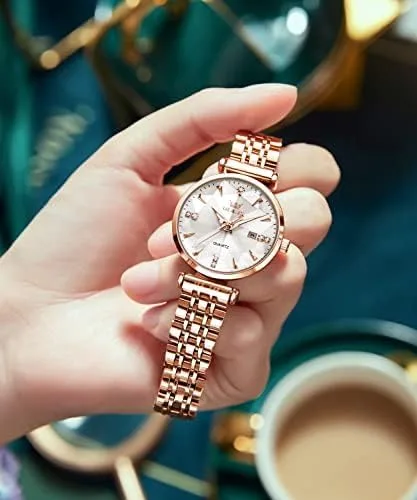Vista 2 de OLEVS Relojes de mujer Vestido simple Reloj de mujer Reloj de acero inoxidable de oro rosa Reloj impermeable de cuarzo con fecha de lujo