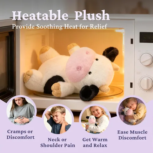 Vista 3 de IKASA Animal de peluche de vaca con peso para microondas, 1.5 libras, calentable y refrigerable con aroma a lavanda para mayor comodidad y calidez