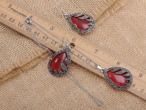 Vista 3 de alilang tono plateado Gunmetal sintética Ruby lágrima Juego de Collar con Colgante Pendiente de piedra