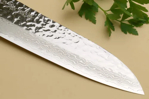 Vista 5 de Yoshihiro VG-10 Cuchillo de chef japonés multiusos de Damasco Santoku de 46 capas (mango de palisandro de 7 pulgadas)
