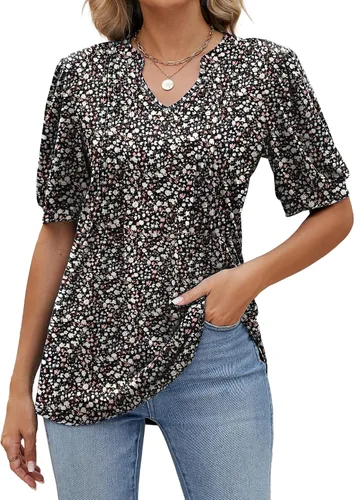 Vista 7 de Camisetas de verano con cuello en V para mujer, de manga corta, estilo casual, a la moda Negro