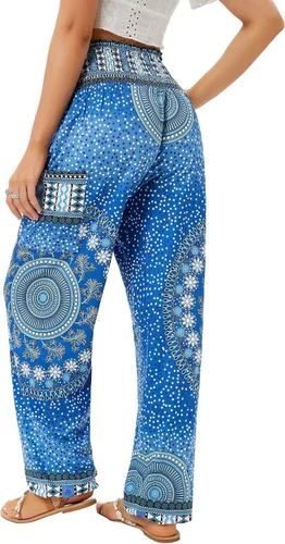 Vista 2 de QIANXIZHAN - Pantalones deportivos de tiro alto para mujer, diseño estilo harén bohemio con bolsillos, para yoga